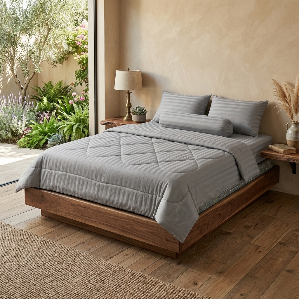 Bộ Chăn Ga Gối Cotton Poly Sọc Satin Cao Cấp 3 Màu Sang Trọng - Xám Sáng, Nâu Khaki, Xám Đậm - Đầy Đủ Kích Thước